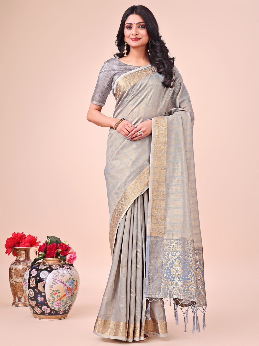 Grey Beautiful Woven Designer Organza Saree