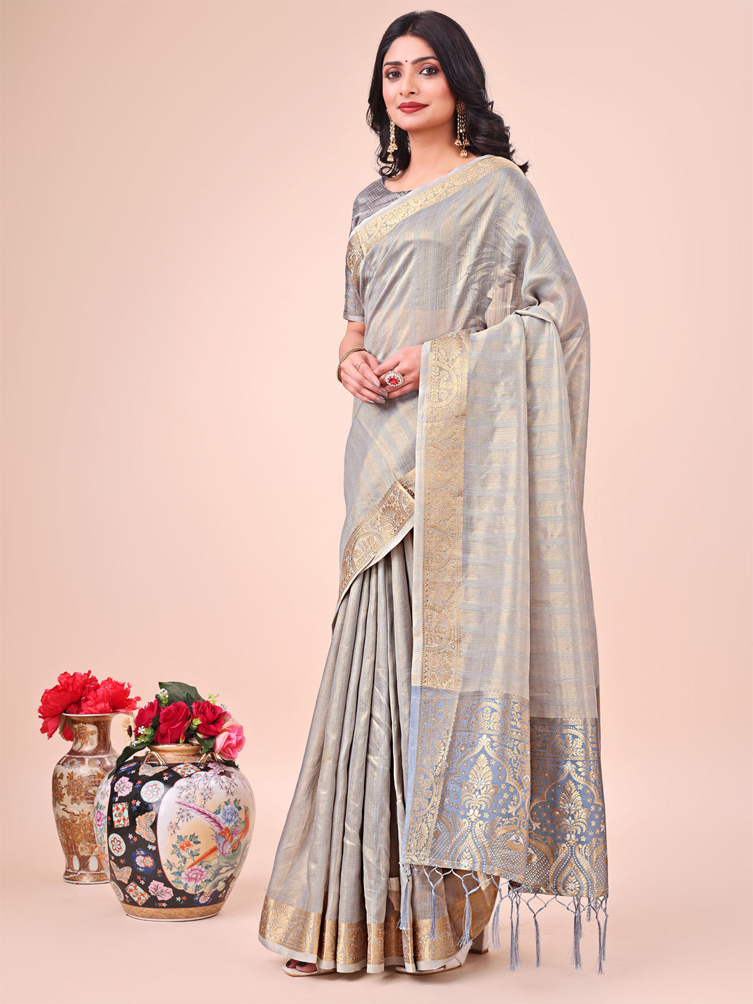 Grey Beautiful Woven Designer Organza Saree