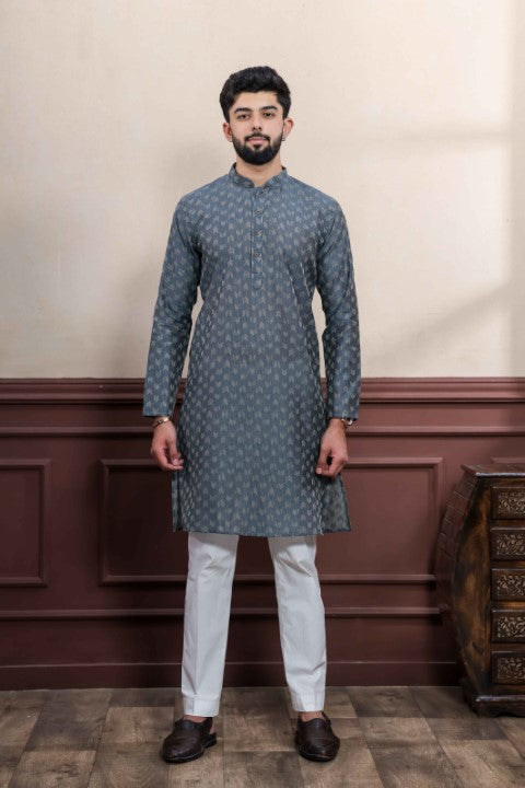 Grey Blended Cotton Wevon Dobby Kurta Pajama