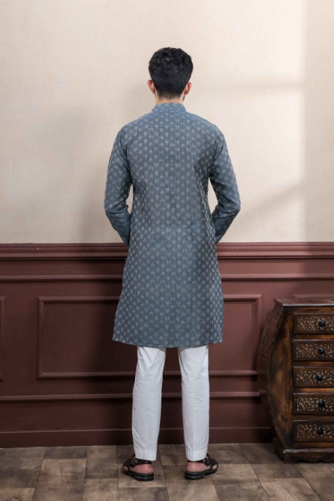 Grey Blended Cotton Wevon Dobby Kurta Pajama
