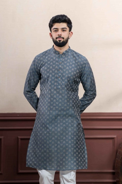Grey Blended Cotton Wevon Dobby Kurta Pajama