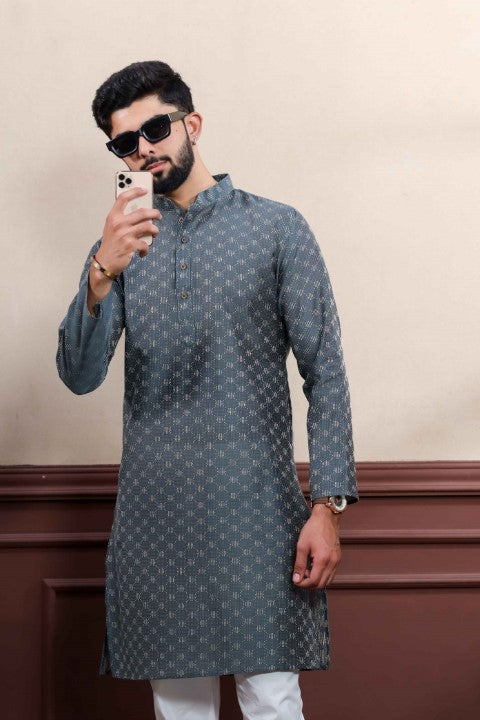 Grey Blended Cotton Wevon Dobby Kurta Pajama