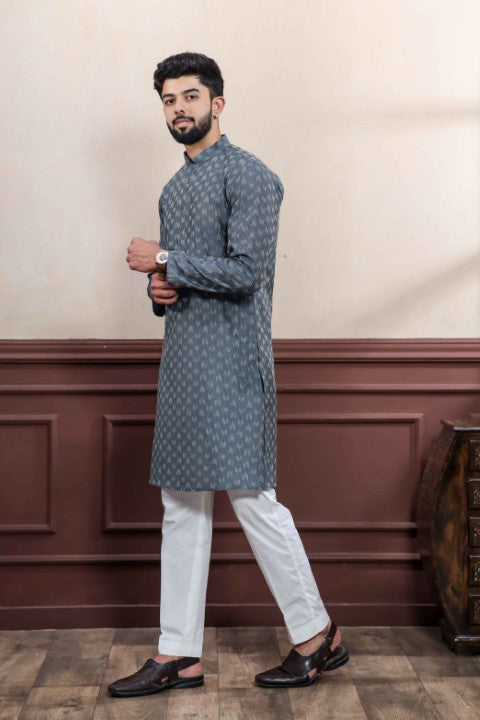 Grey Blended Cotton Wevon Dobby Kurta Pajama