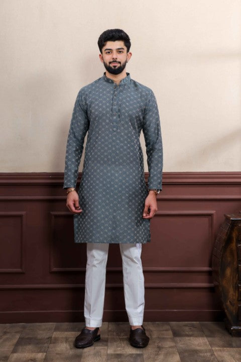 Grey Blended Cotton Wevon Dobby Kurta Pajama