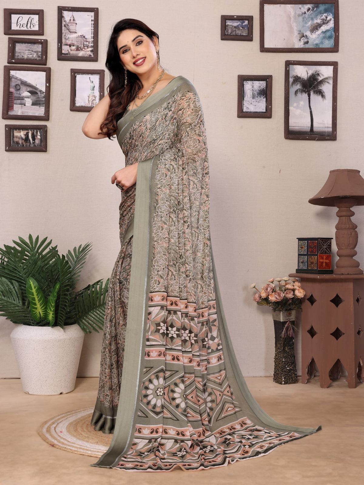 Grey Bright Moss Printed Saree With Zari Work