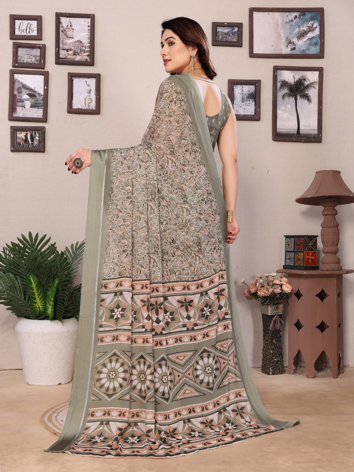 Grey Bright Moss Printed Saree With Zari Work