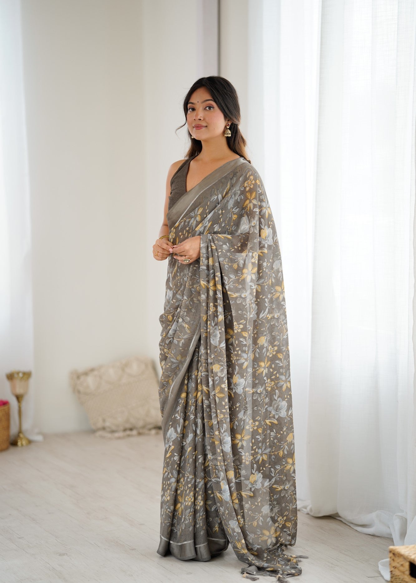 Grey Bright Moss Satin Patta Saree With Embroidery Work