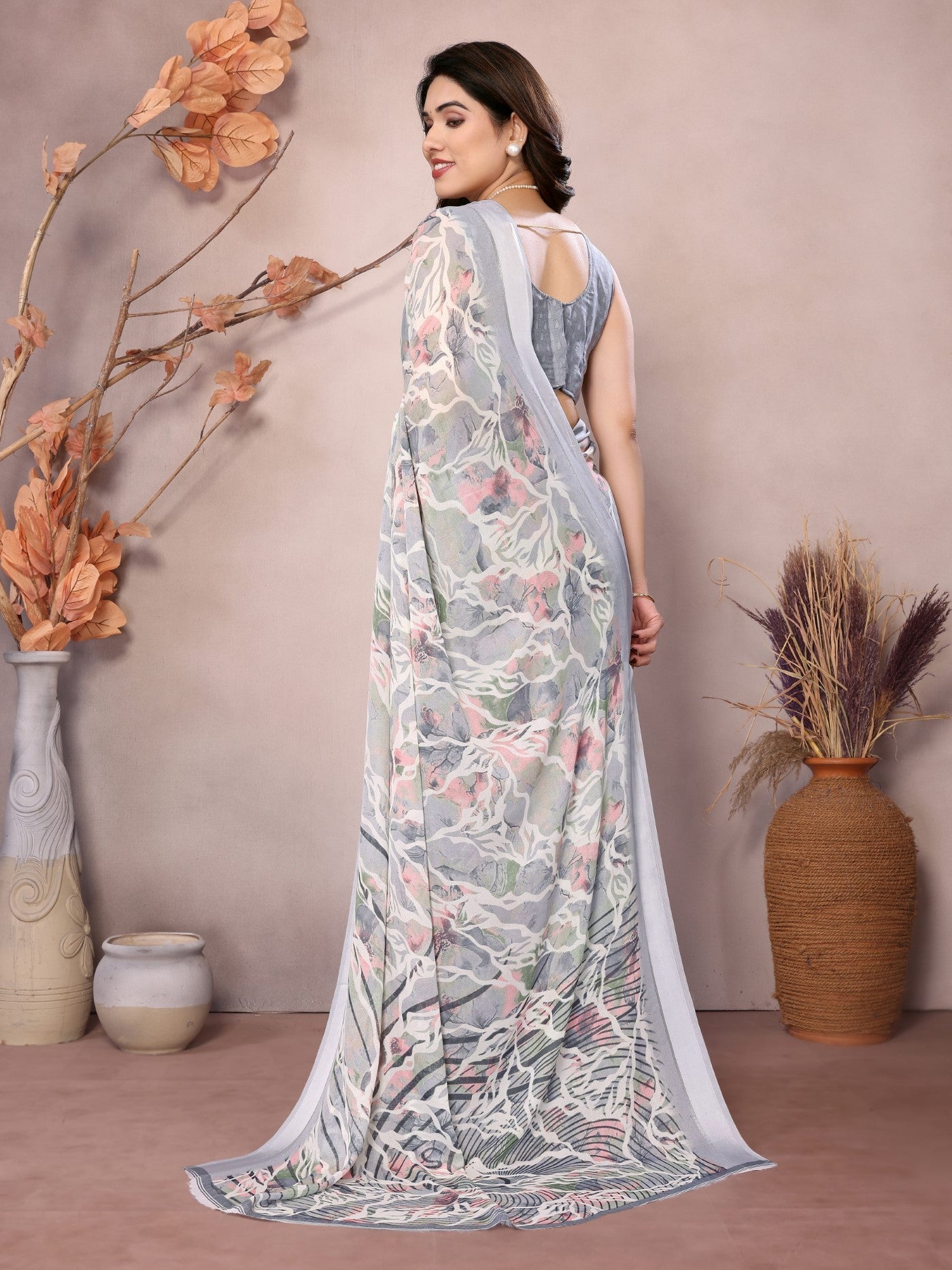Grey Bright Moss Satin Patta Saree With Printed