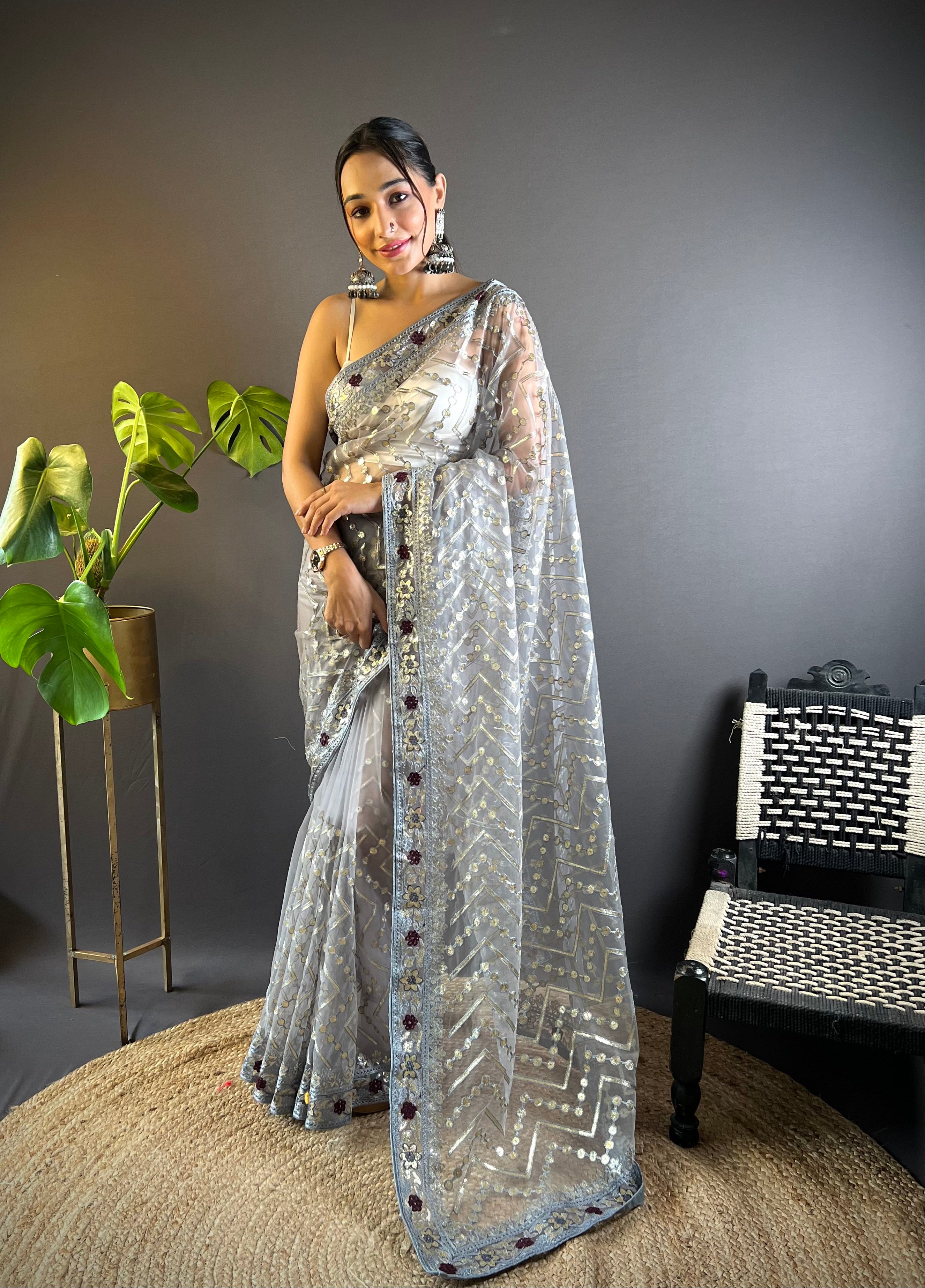 Grey Butterfly Net Fabric Embroidery Work Ceremonial Saree