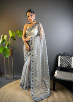 Grey Butterfly Net Fabric Embroidery Work Ceremonial Saree