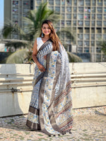 Grey Chanderi Crush Printed With Woven Jari Designer Elegant Sophisticated Saree