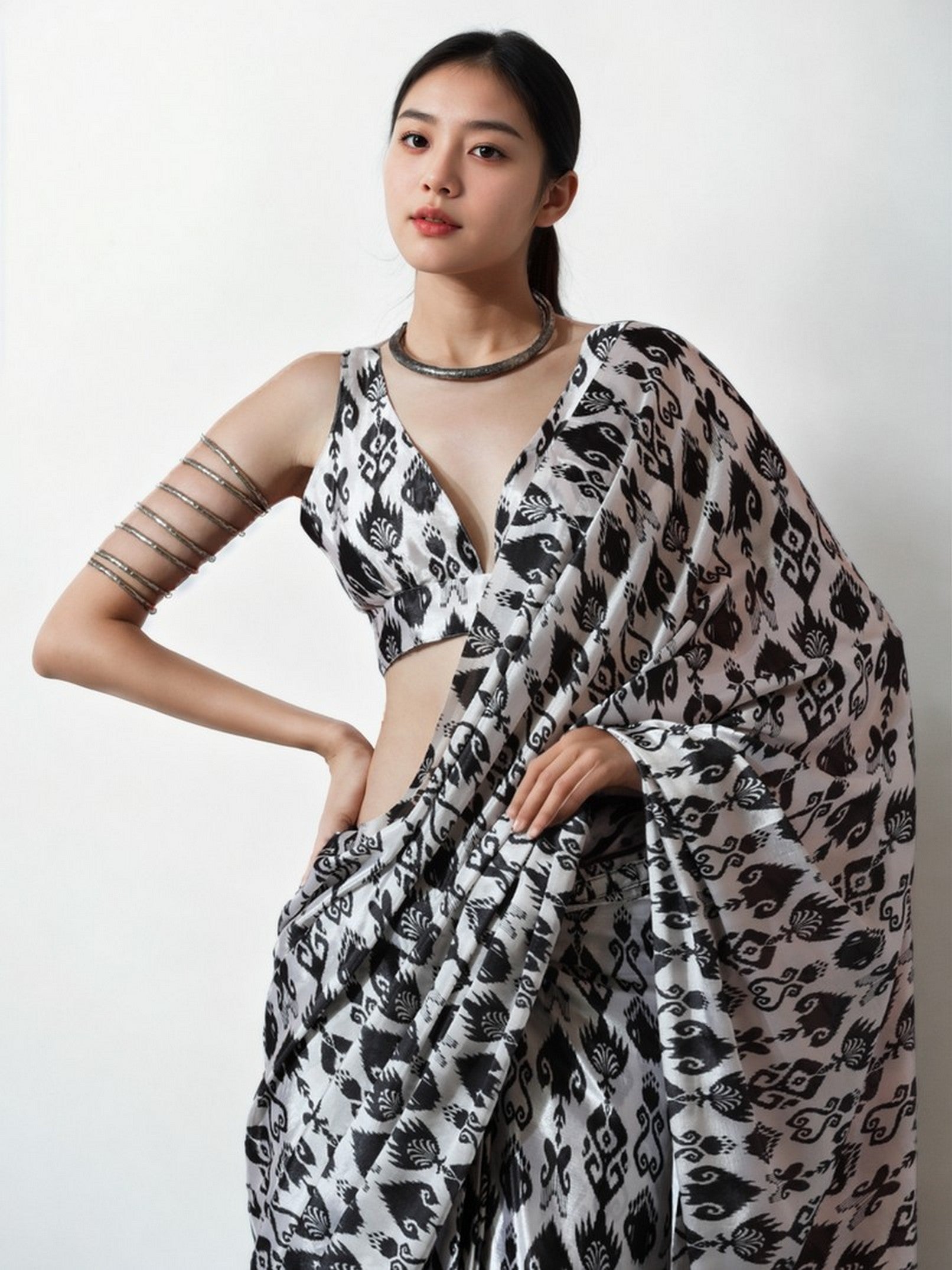 Grey Chinnon Digital Print & Lace Border Trendy Ready To Wear Saree