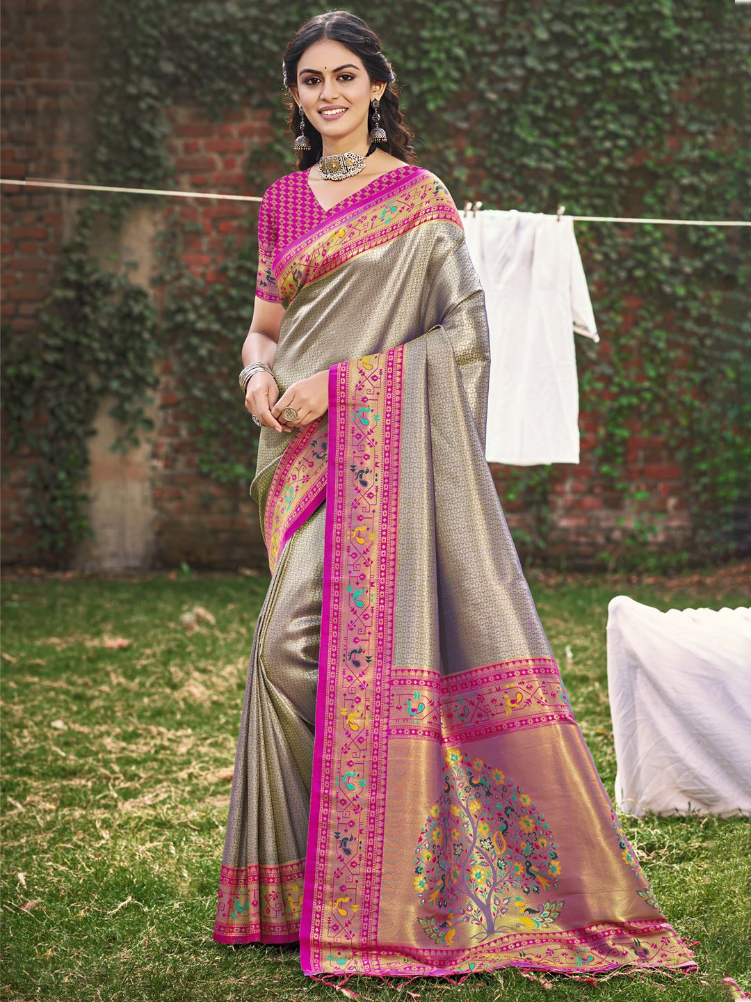 Grey Color Classic Paithani Silk Saree