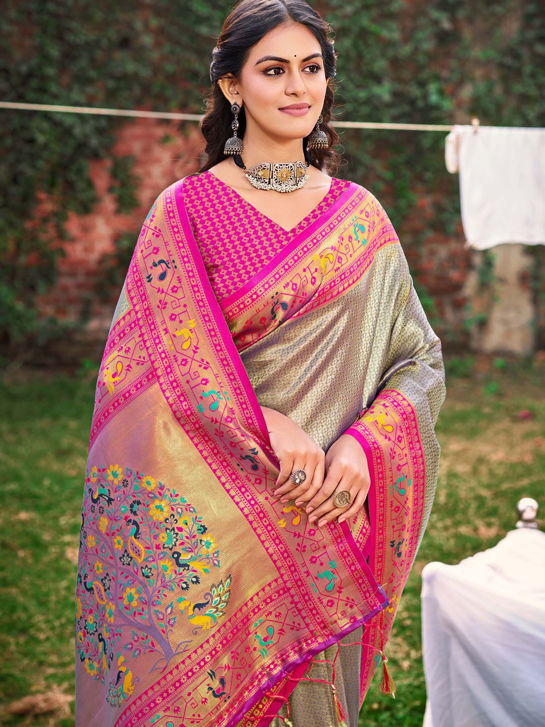 Grey Color Classic Paithani Silk Saree
