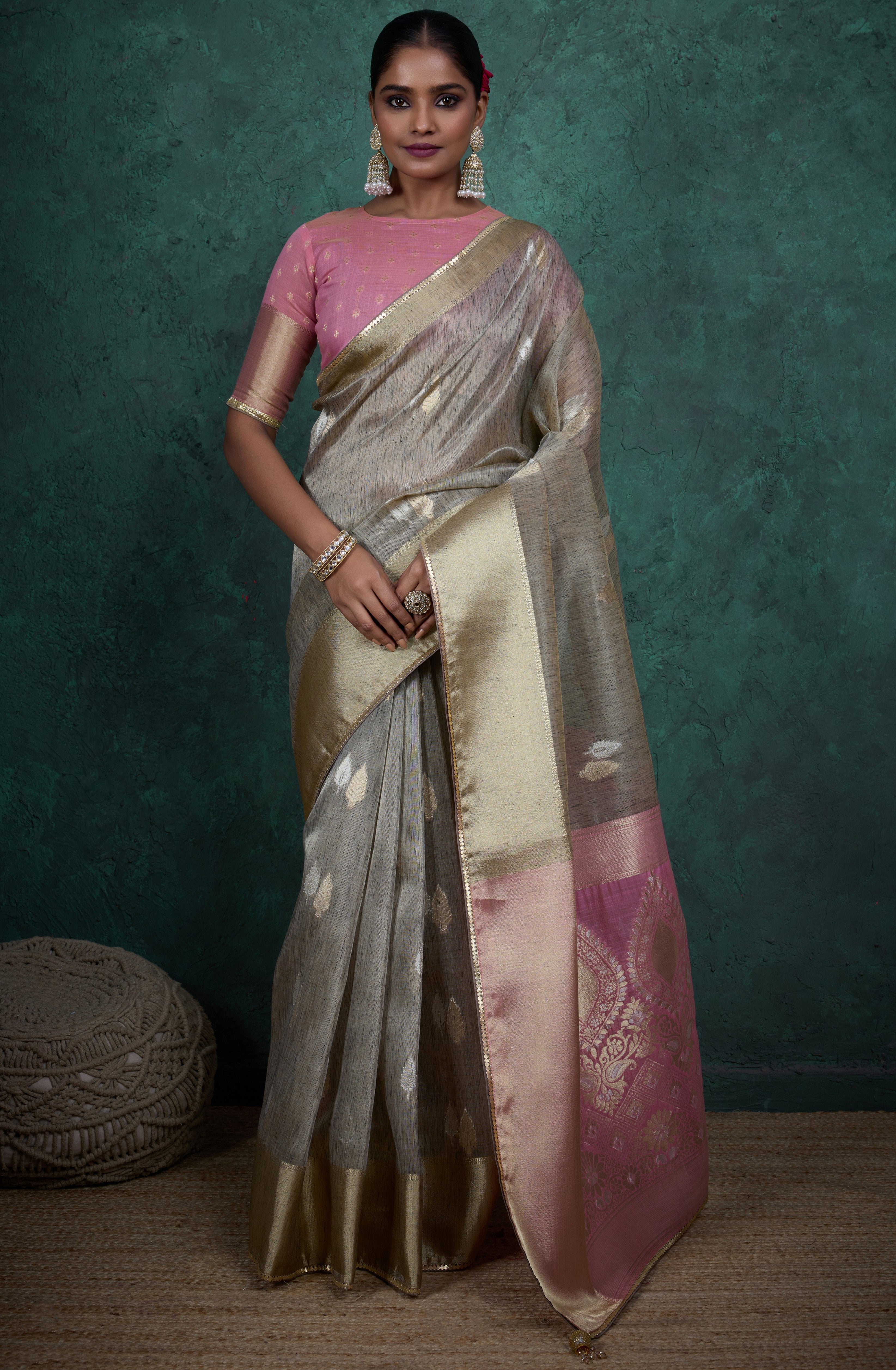Grey Color Linen Blend Saree With  Self Woven Butta