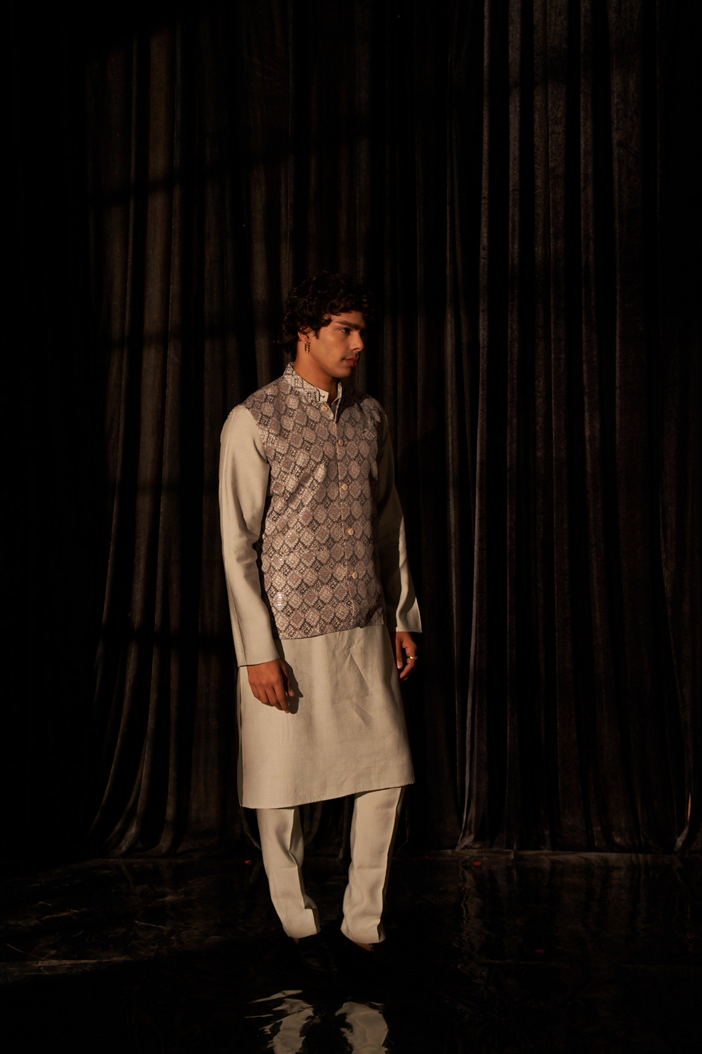 Grey Color Printed Ethnic Jacket – Subtle Yet Stylish Ceremonial Look