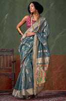 Grey Color Tissue Silk Saree With  Jacquard Woven Work