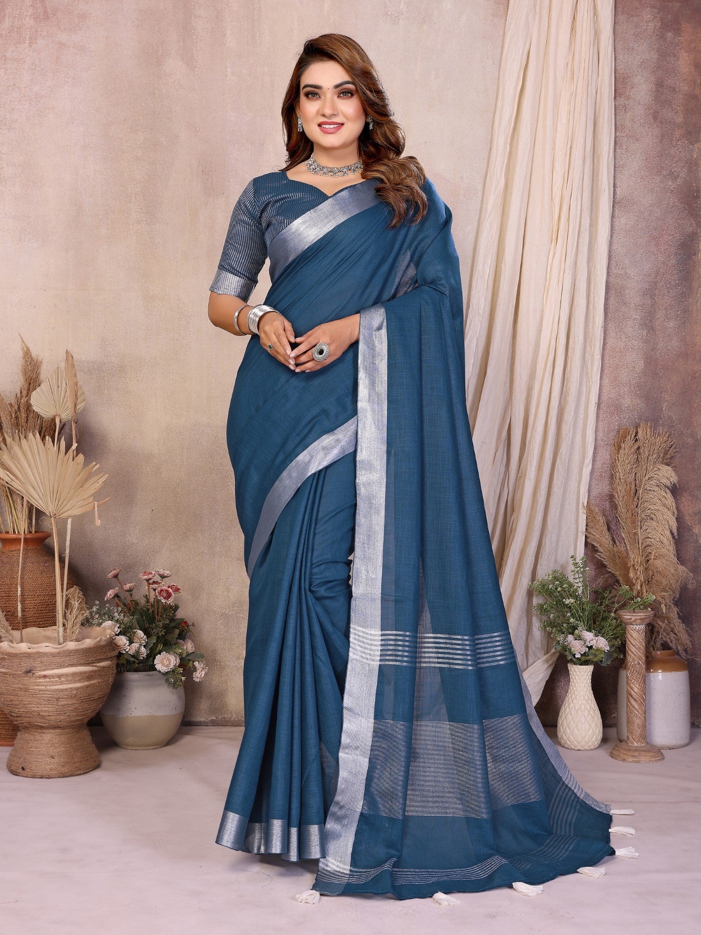 Grey Cotton Saree With Premium Silver Zari Border
