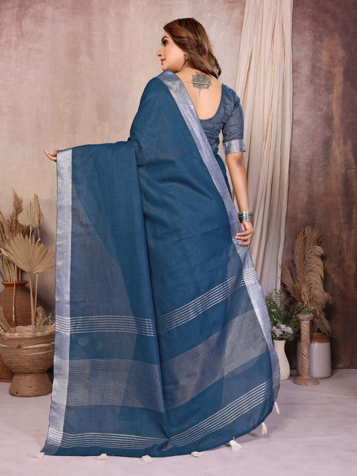 Grey Cotton Saree With Premium Silver Zari Border