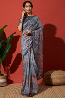 Grey Cotton Silk Designer Digital Printed Ethnic Ceremonial Saree