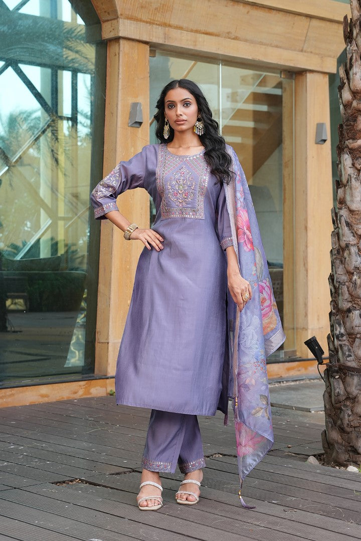 Grey Cotton Silk Designer Suit Set With Handcrafted Embroidery