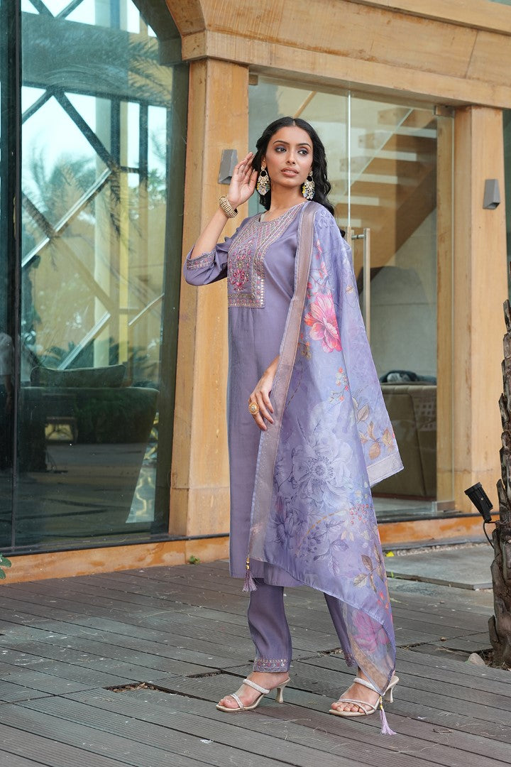 Grey Cotton Silk Designer Suit Set With Handcrafted Embroidery
