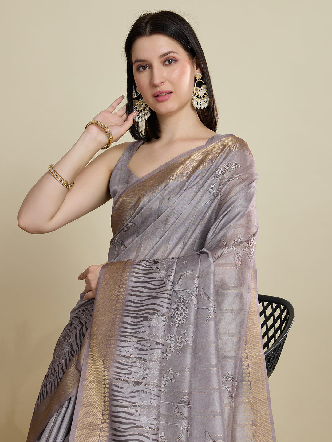 Grey Cotton Woven Border Designer And Printed Ceremonial Saree