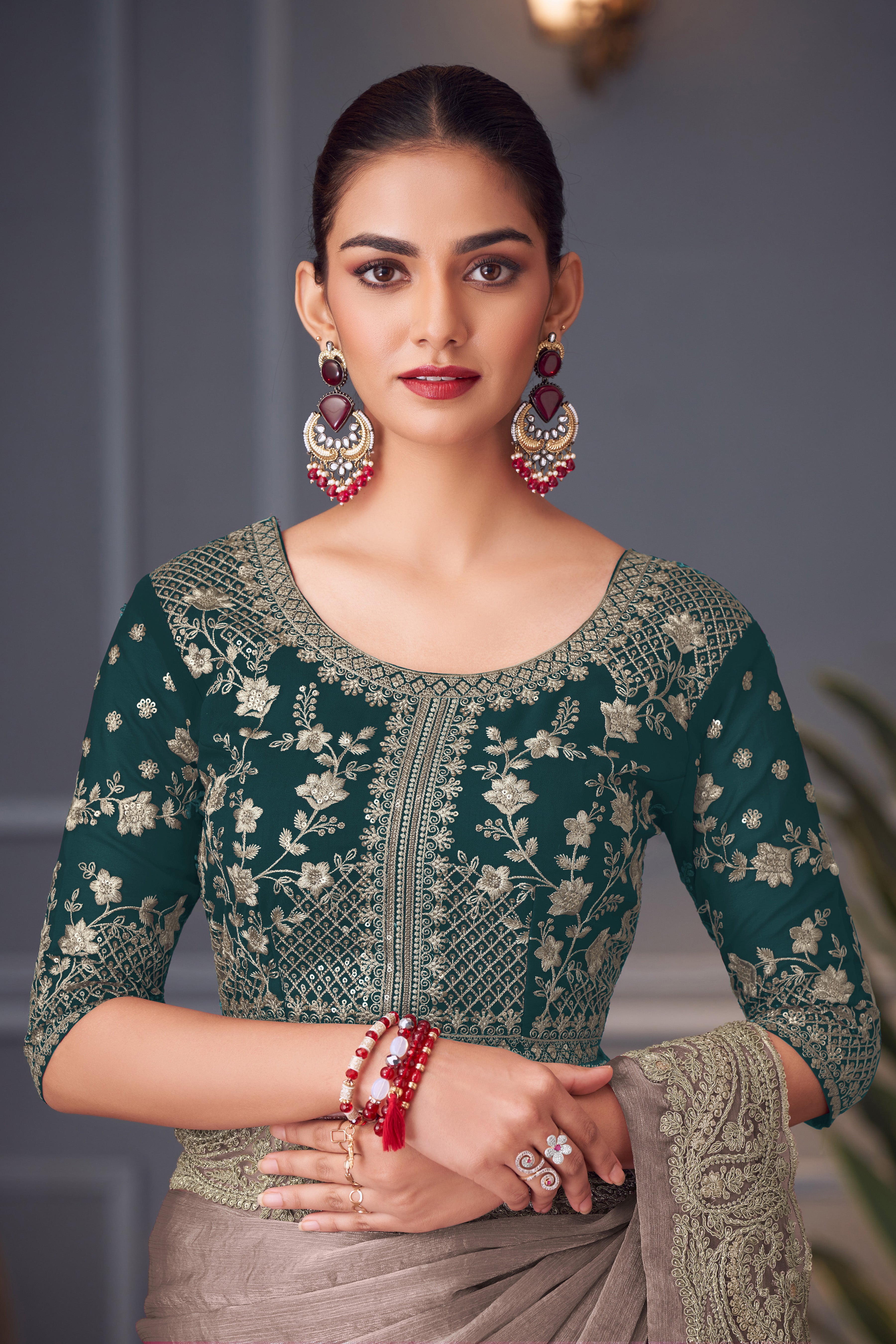Grey Double Tone Silk Saree with Thread  Sequins Work