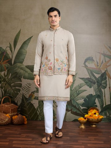 Grey Embroidered Kurta with Jacket for Ceremonial Look
