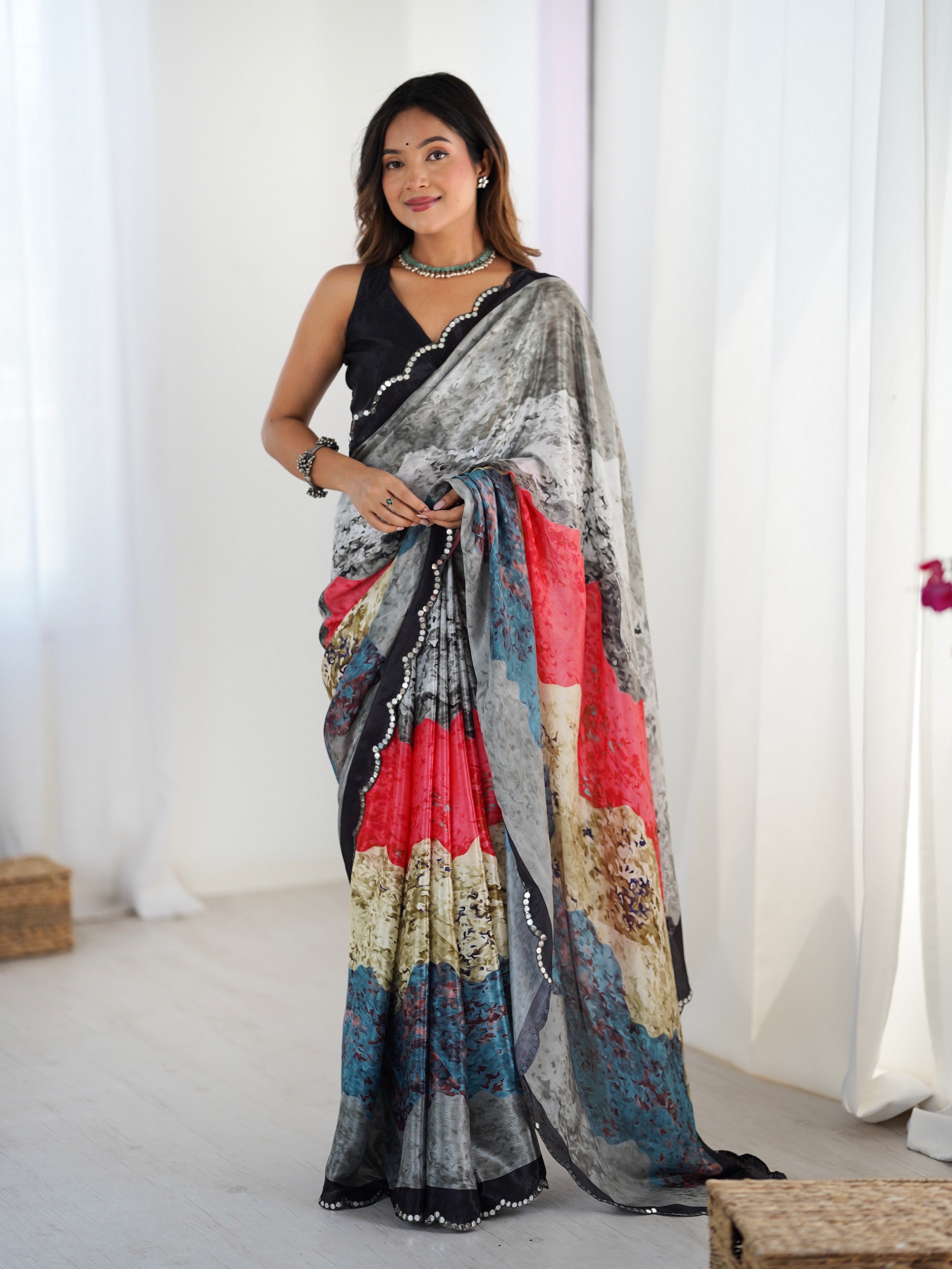 Grey Ethnic Partywear Digital Printed Saree With Stylish Cut Border