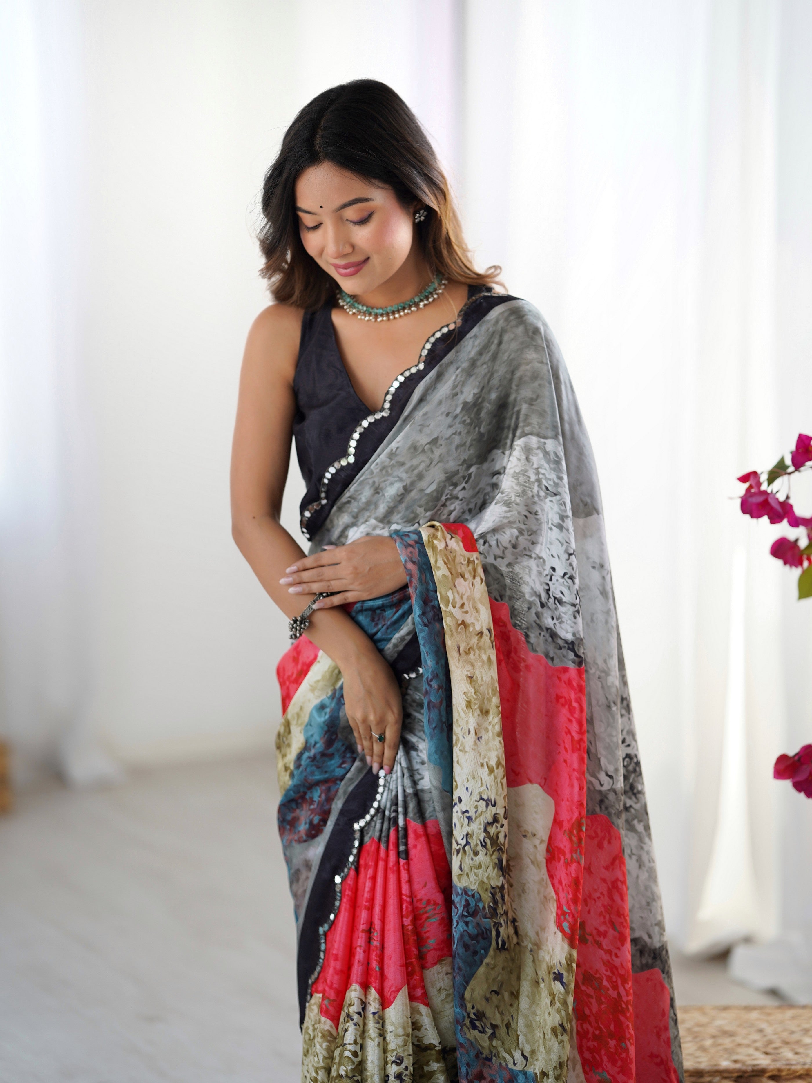 Grey Ethnic Partywear Digital Printed Saree With Stylish Cut Border