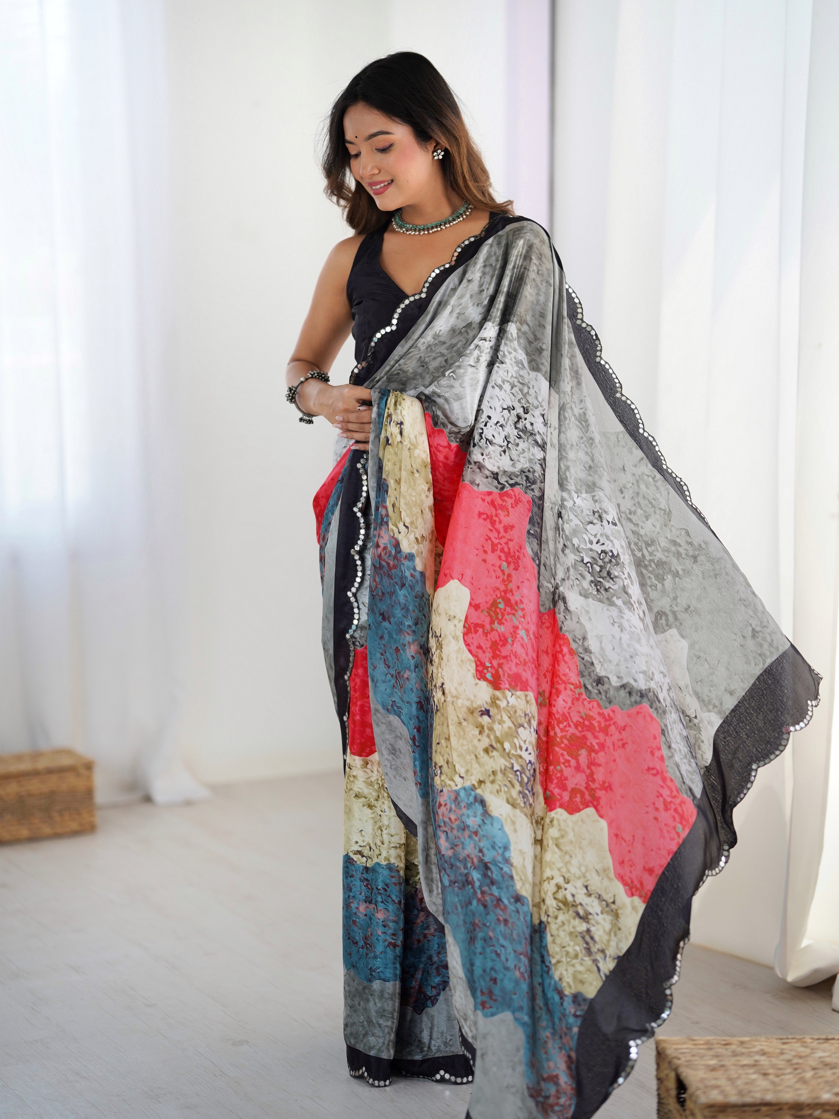 Grey Ethnic Partywear Digital Printed Saree With Stylish Cut Border