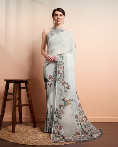 Grey Faux Georgette Saree With Designer Print Style