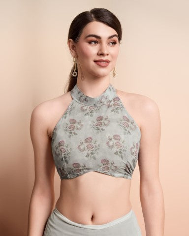 Grey Faux Georgette Saree With Designer Print Style