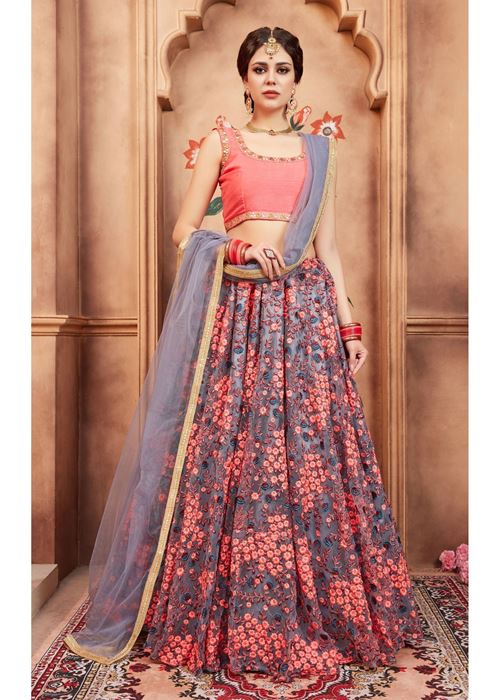 Grey Floral Embroidered Net Bridal Lehenga Choli