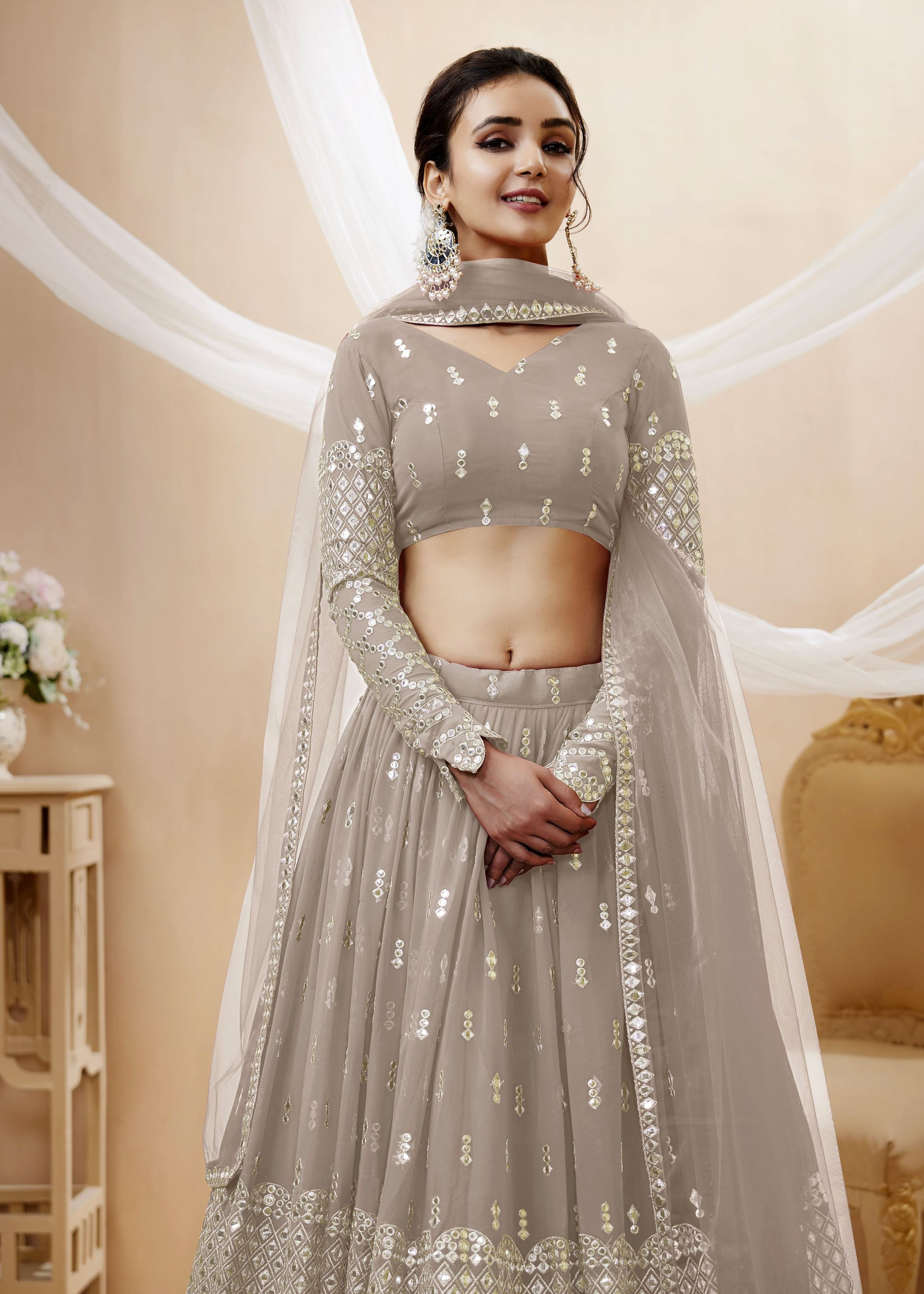 Grey Georgette Lehenga Choli With Sequins Zari Embroidered Work