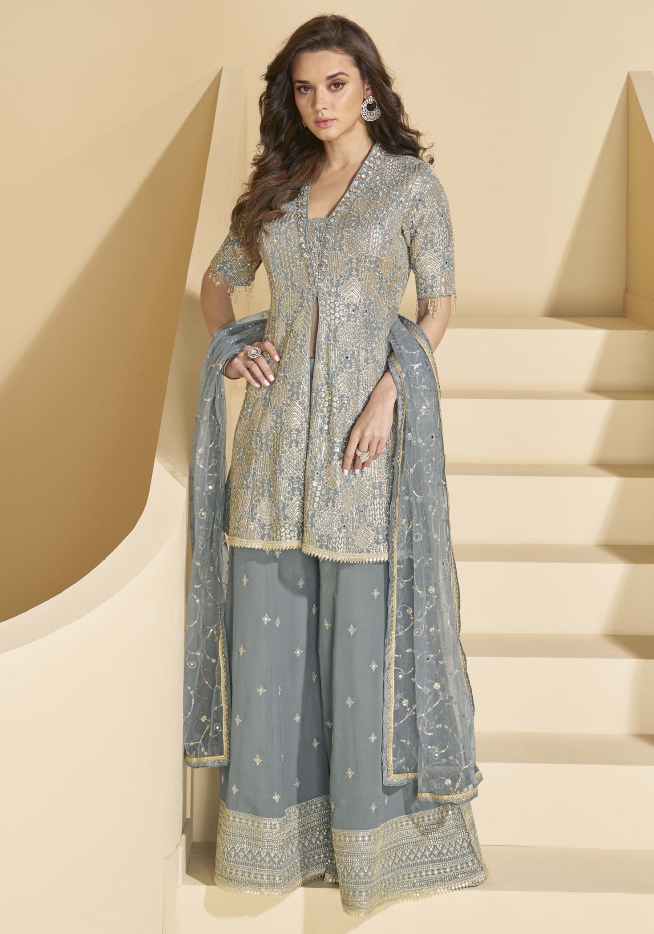 Grey Georgette Palazzo Suit With Seroski Work