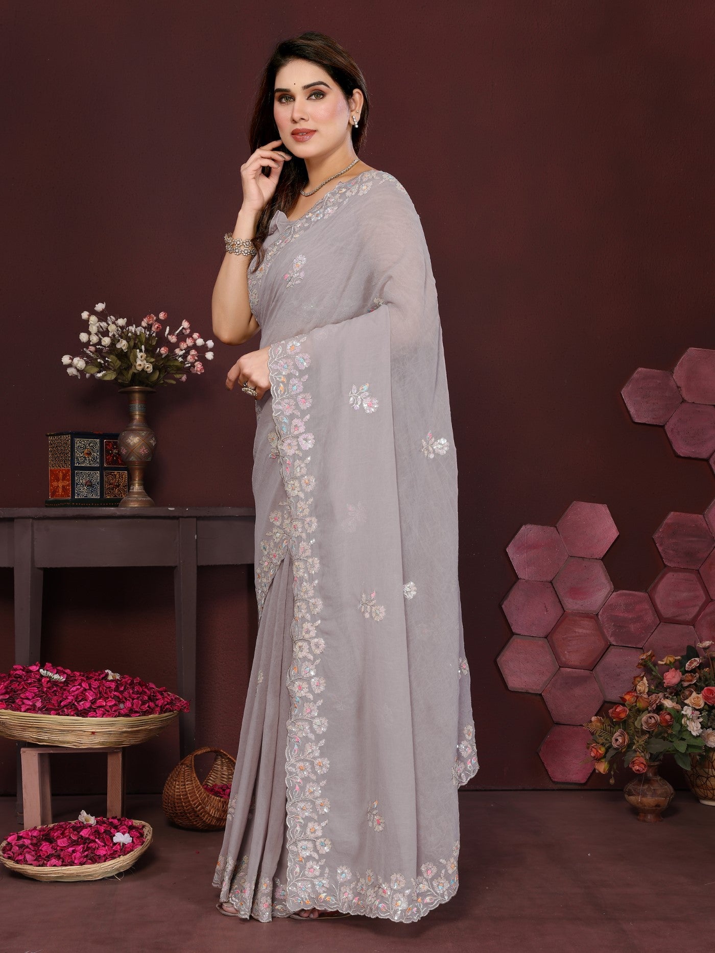 Grey Georgette Saree With Embroidery Work And Designer Blouse