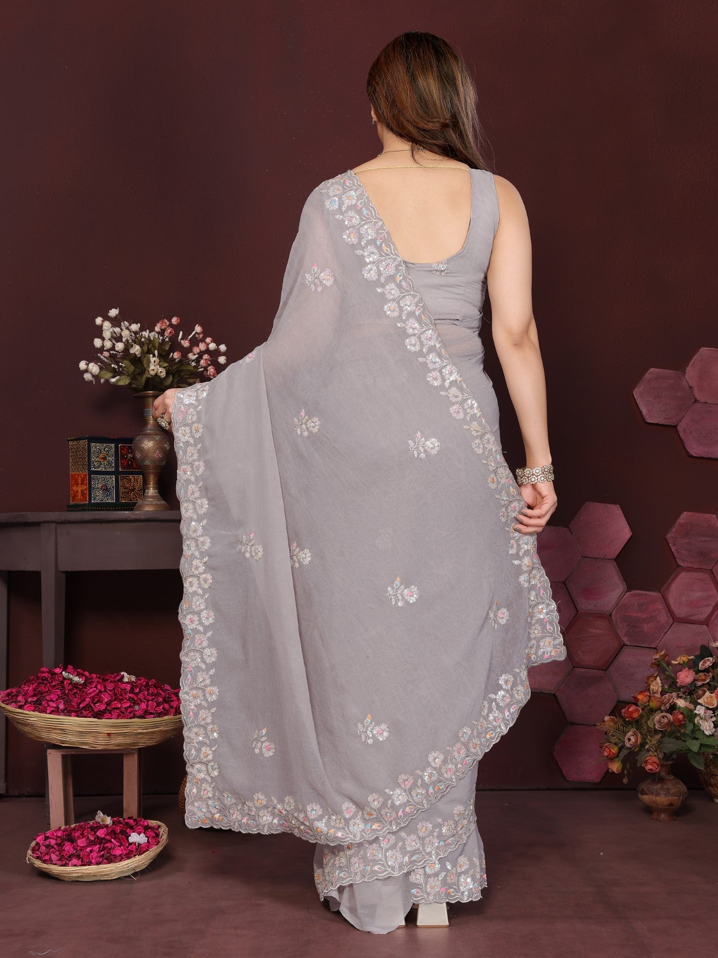 Grey Georgette Saree With Embroidery Work And Designer Blouse