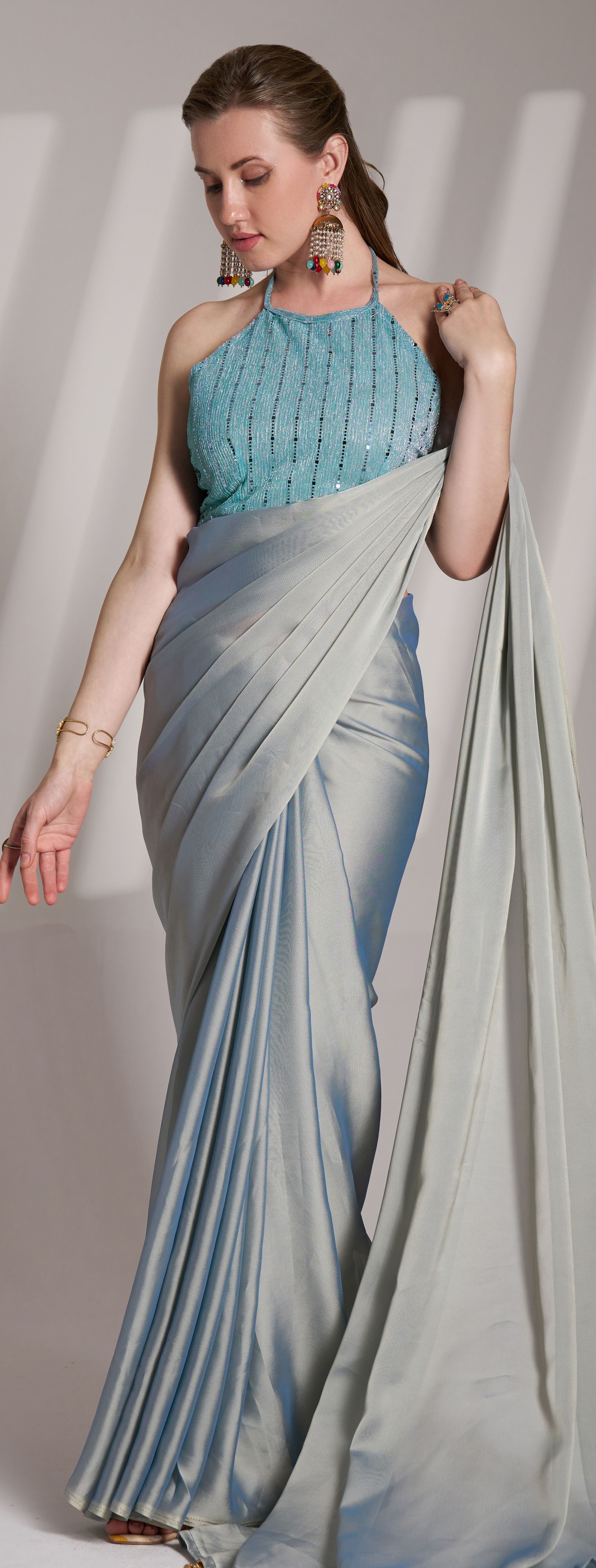 Grey Glamorous Bollywood Style Solid Fancy Designer Satin Rangoli Saree