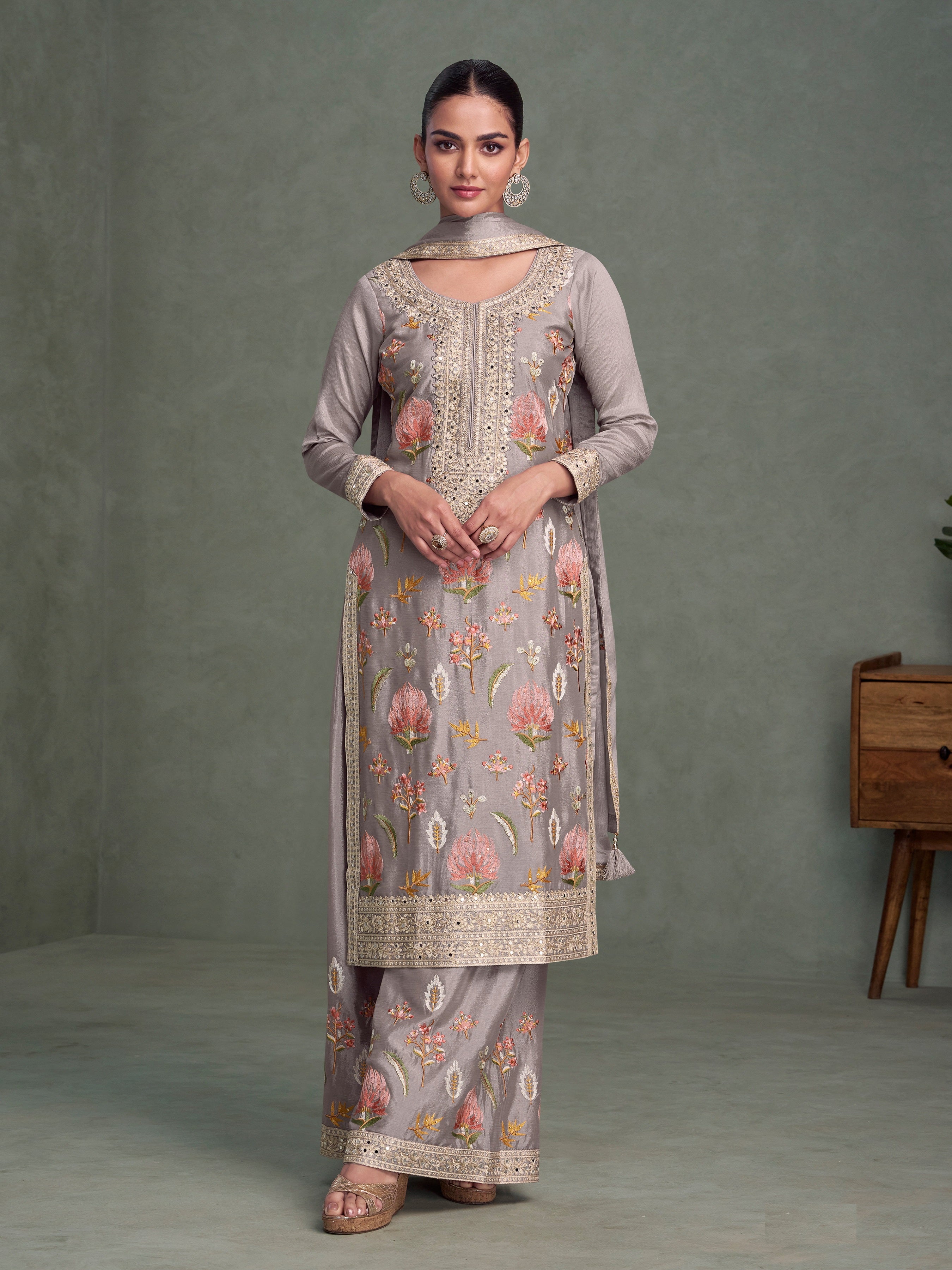 Grey Heavy Designer Suit With Heavy Embroidery Work