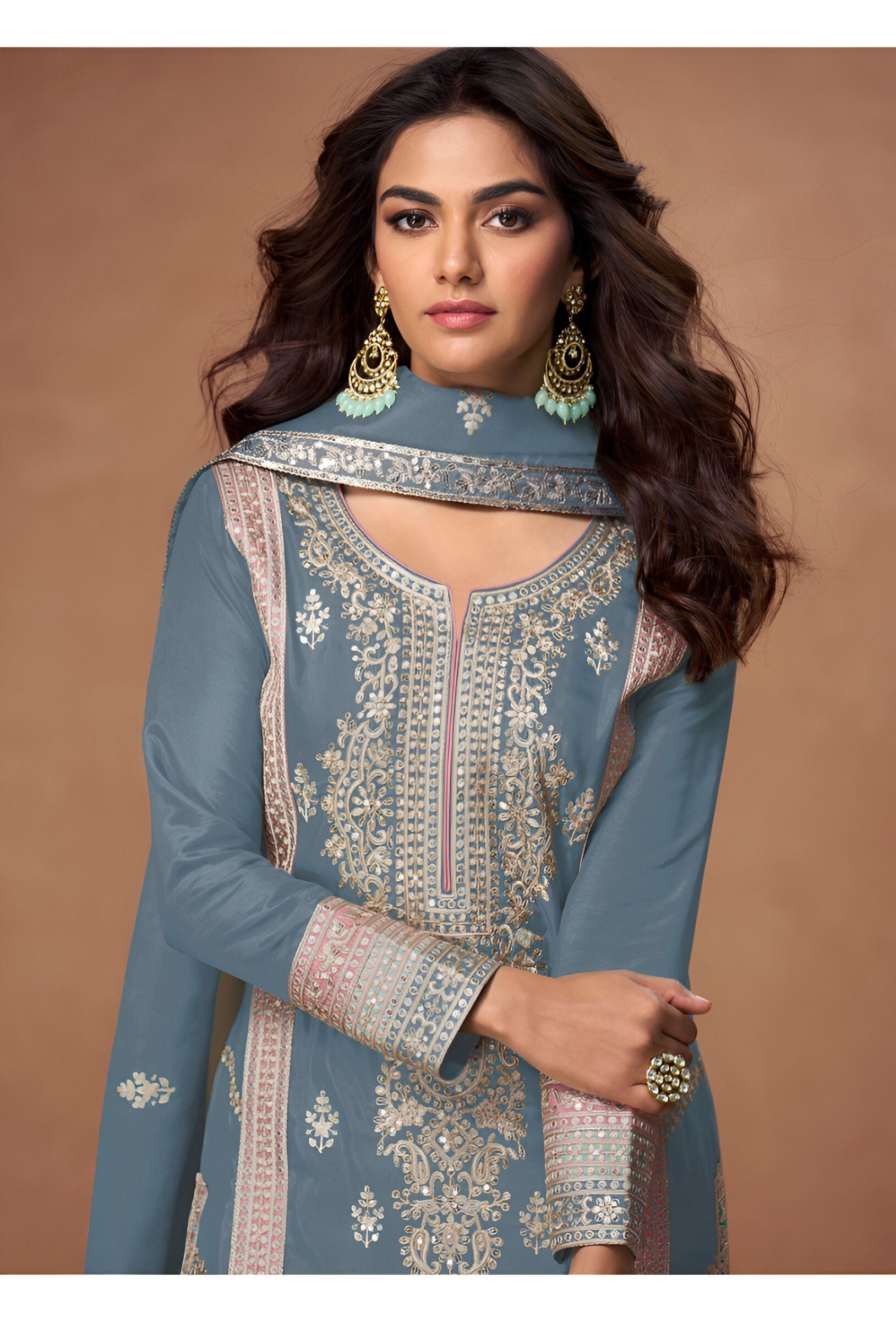 Grey Heavy Designer Suit With Heavy Embroidery Work