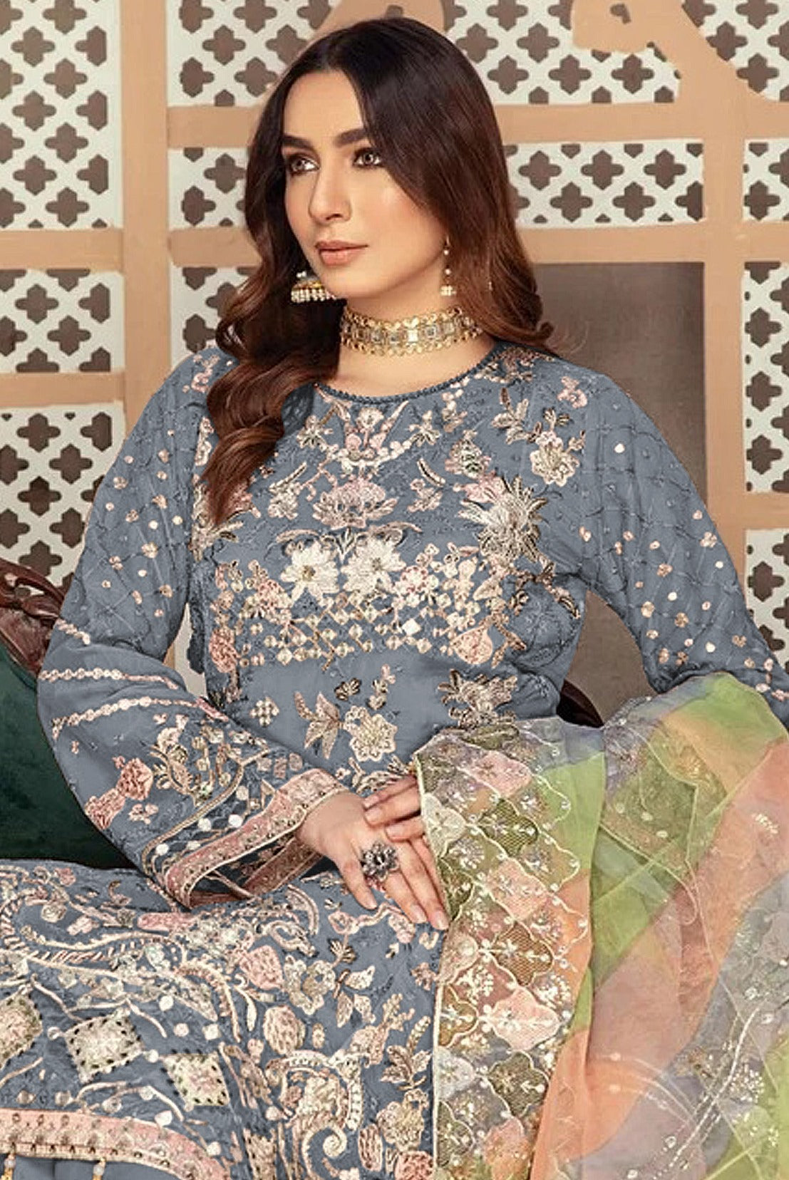 Grey Heavy Designer Suit With Heavy Embroidery Work