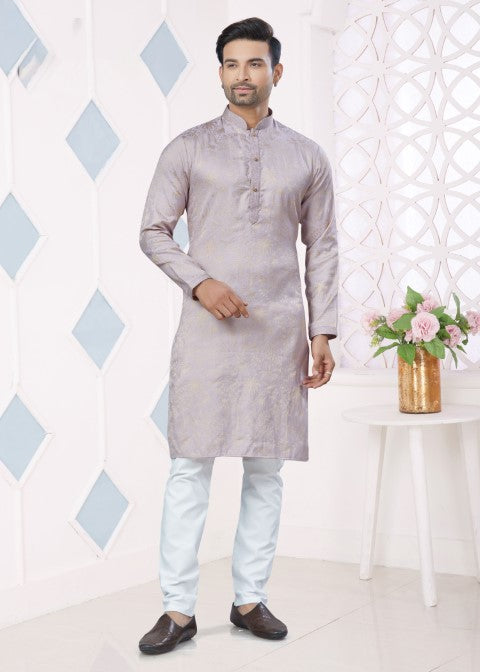 Grey Jacquard Silk Pintex Jacquard Ethnic Festive Kurta Pajama