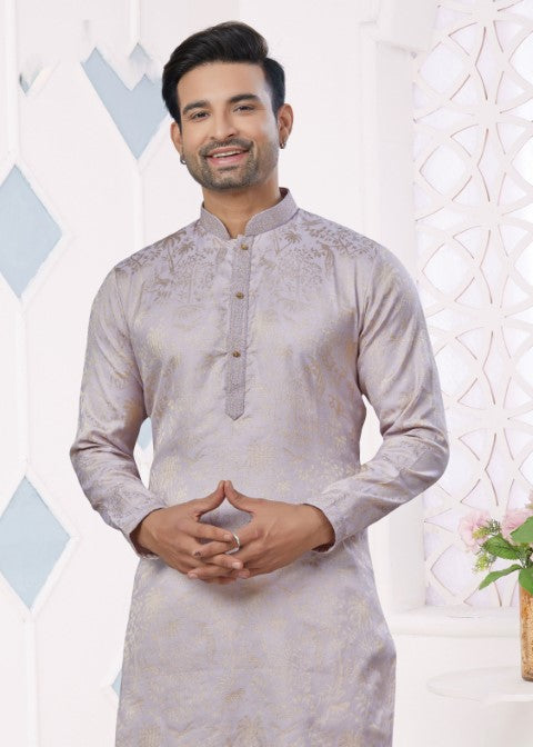 Grey Jacquard Silk Pintex Jacquard Ethnic Festive Kurta Pajama
