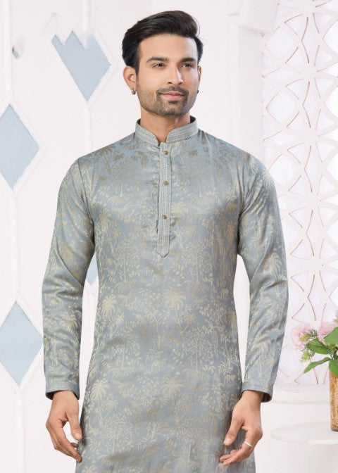 Grey Jacquard Silk Pintex Jacquard Ethnic Festive Kurta Pajama