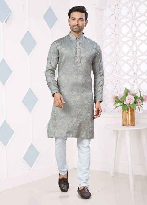 Grey Jacquard Silk Pintex Jacquard Ethnic Festive Kurta Pajama