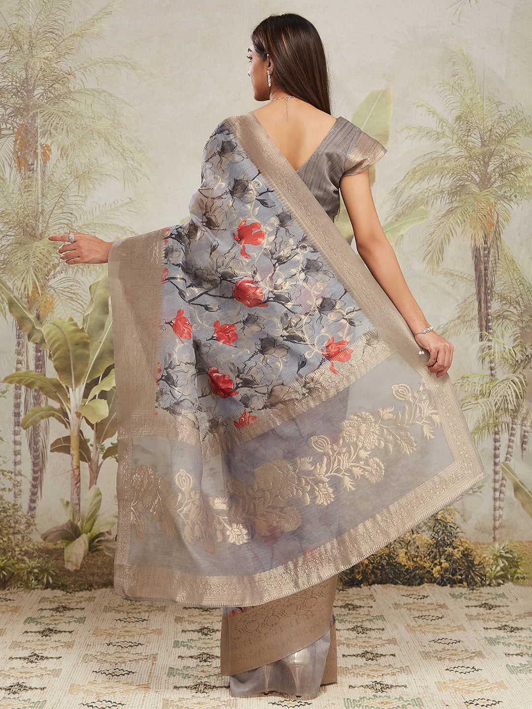 Grey Jacquard Silk Saree With Beautiful Floral Print Designer