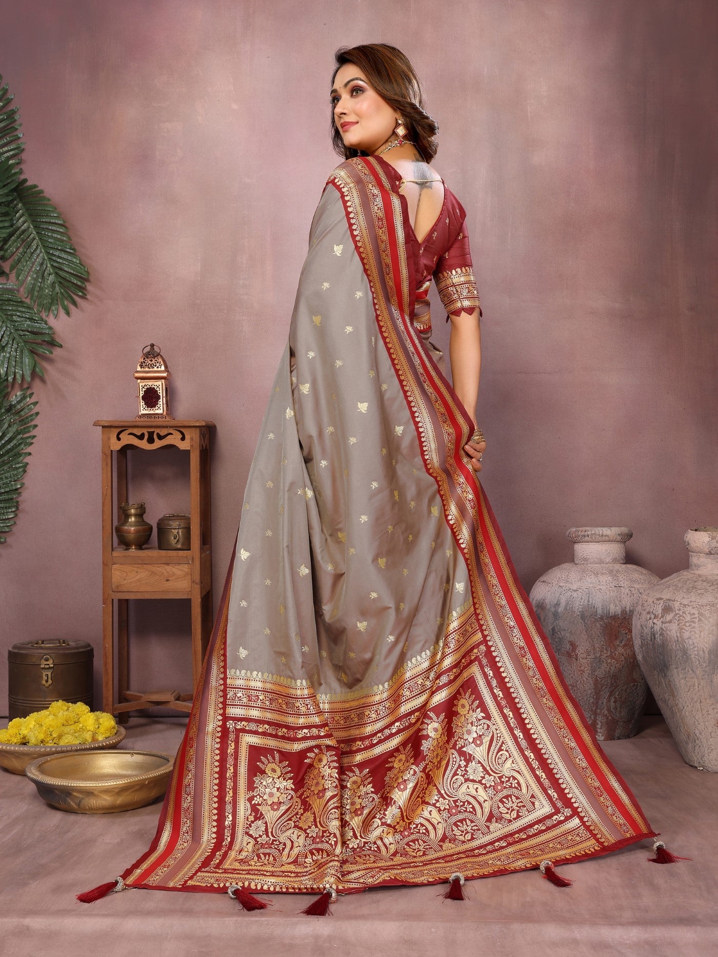 Grey Kalamkari Silk Saree With Traditional Weaving