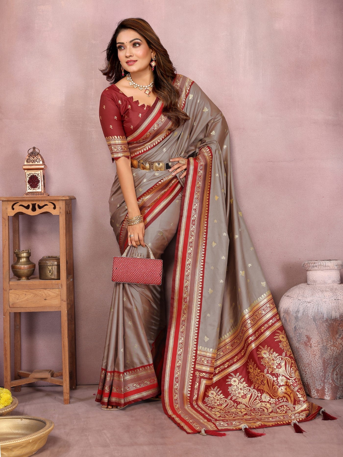 Grey Kalamkari Silk Saree With Traditional Weaving
